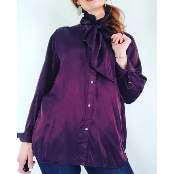 90's Vintage Ralph Lauren Eggplant Purple Silk Pussybow Button Up Blouse - Picture 3 of 12